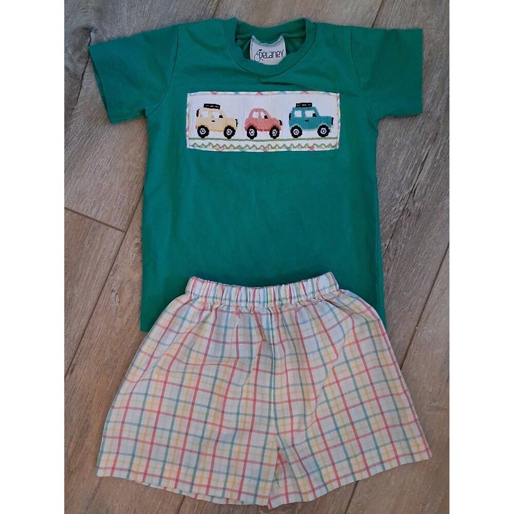 Delaney Car & Jeep Green Smocked Shirt & Matching Plaid Short Set Boys 24 months